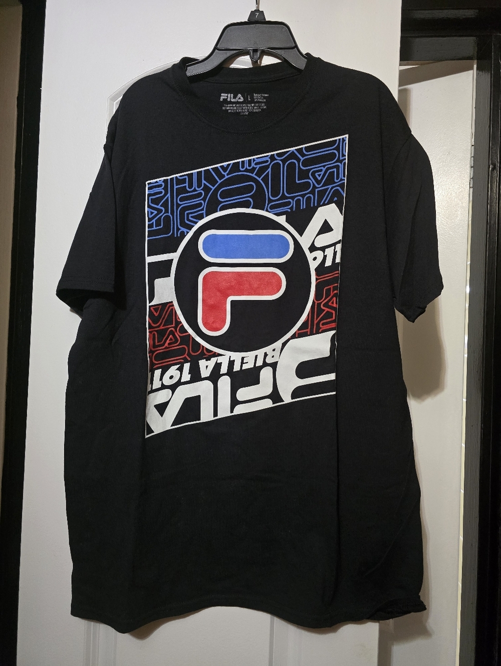 Fila Men's Black Short Sleeve Tee with Red & Blue Logo Panel - Size Large